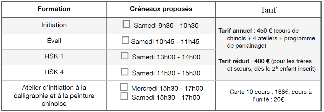 cours de chinois Amiens ADEC programme tarifs
